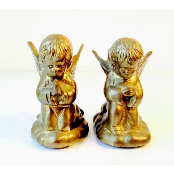 Angels Cherubs Candle Holder Pair Vintage Solid Brass Made In India EUC - Picture 5 of 5
